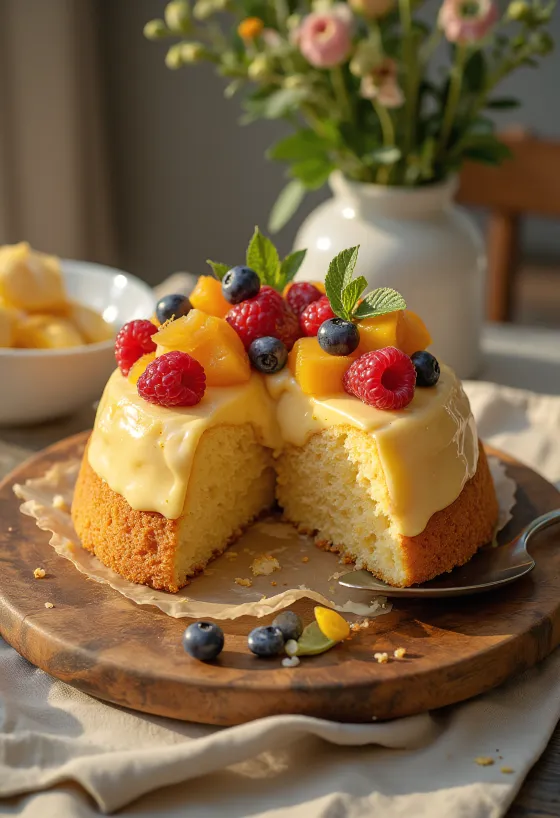 Свежий фруктовый торт с разноцветными фруктами и блестящим слоем желе