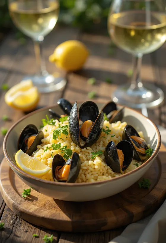 Рис с мидиями при подаче