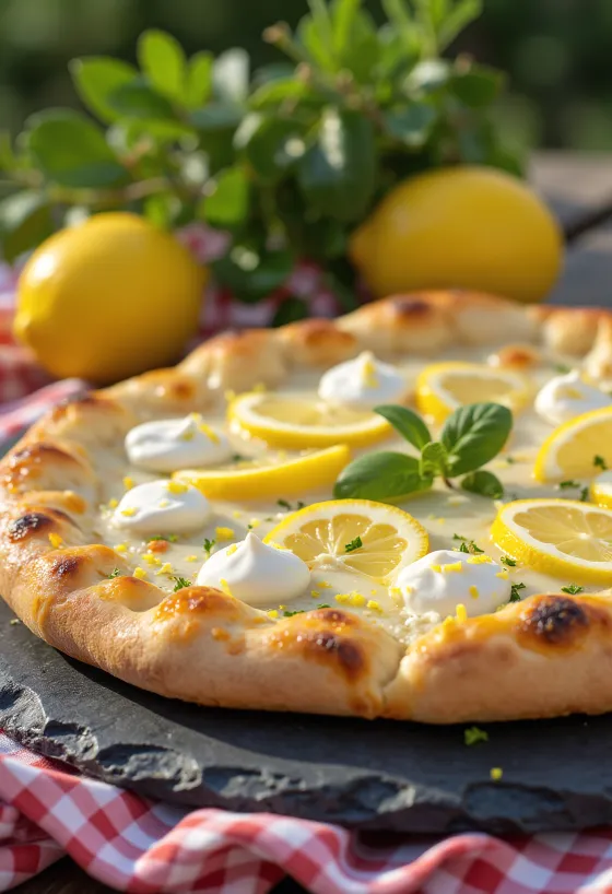 Пицца с лимоном, поданная к столу