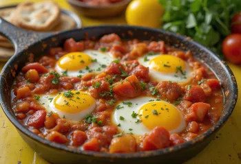Шакшука с помидорами, турецкое блюдо с яйцом и свежей зеленью