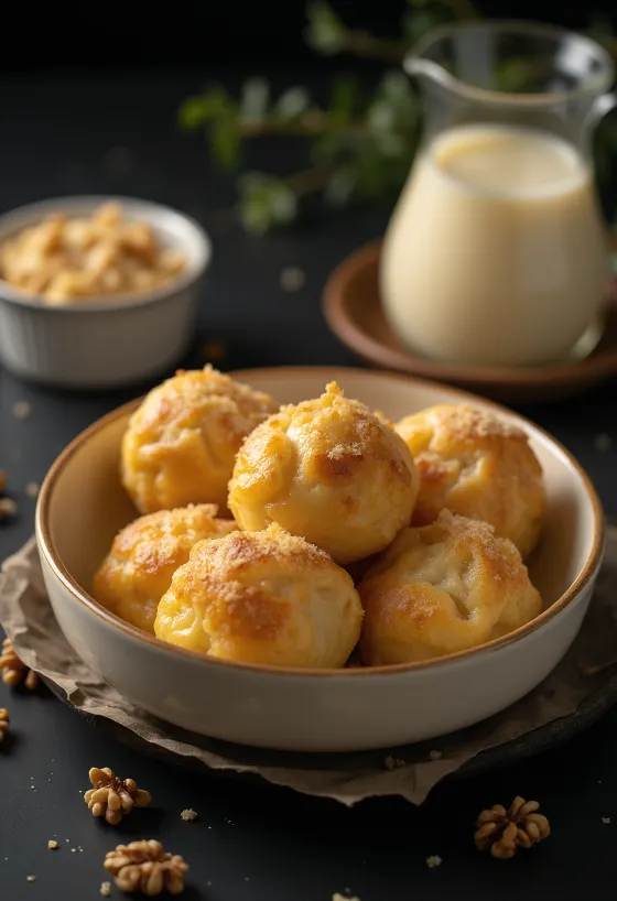 Традиционные золотые галушки с ванильным соусом, слоями орехов и пышным тестом.