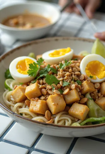 Гадо-гадо с рисовой лапшой, тофу, свежими овощами, арахисом и кориандром