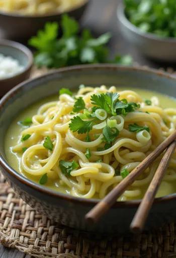 Лапша с зеленым карри и кокосовым молоком с экзотическими овощами