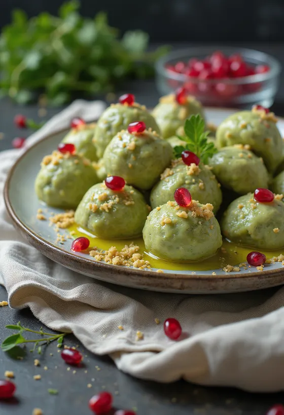 Пхали из зеленой фасоли, поданное со свежей кинзой и гранатом