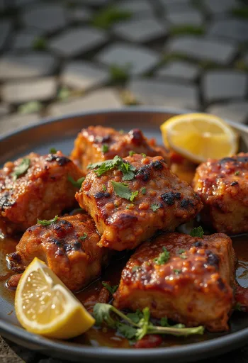 Козлятина тандури, поданная с хлебом наан и свежей кинзой.