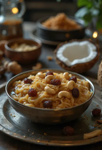 Ада Прадхаман, поданный с кокосовым молоком и розовой водой