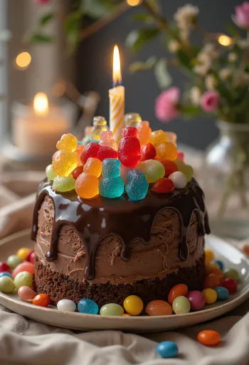 Конфетный шоколадный торт, украшенный цветными конфетами и жемчугом