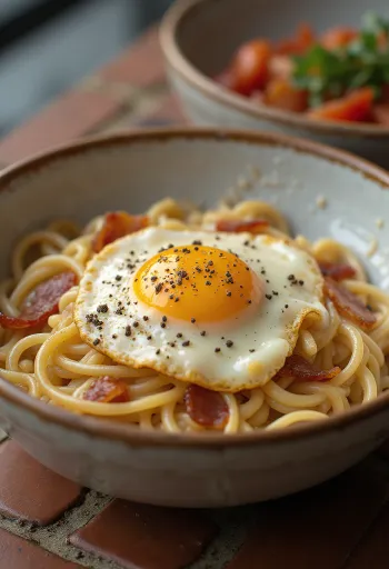 Сливочный рамен с хрустящим беконом и желтком