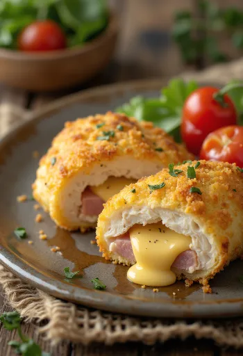 Кордон блю, поданный со свежим салатом и жареным картофелем