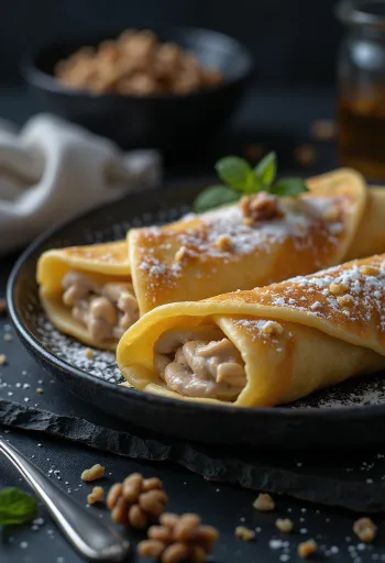 Блинчики с орехами, поданные с шоколадным соусом