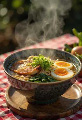 Рамен с жареным куриным бедром, поданный с яйцом и свежими овощами