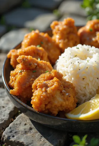 Курица Карааге с рисом, хрустящее куриное мясо, поданное со свежей кинзой