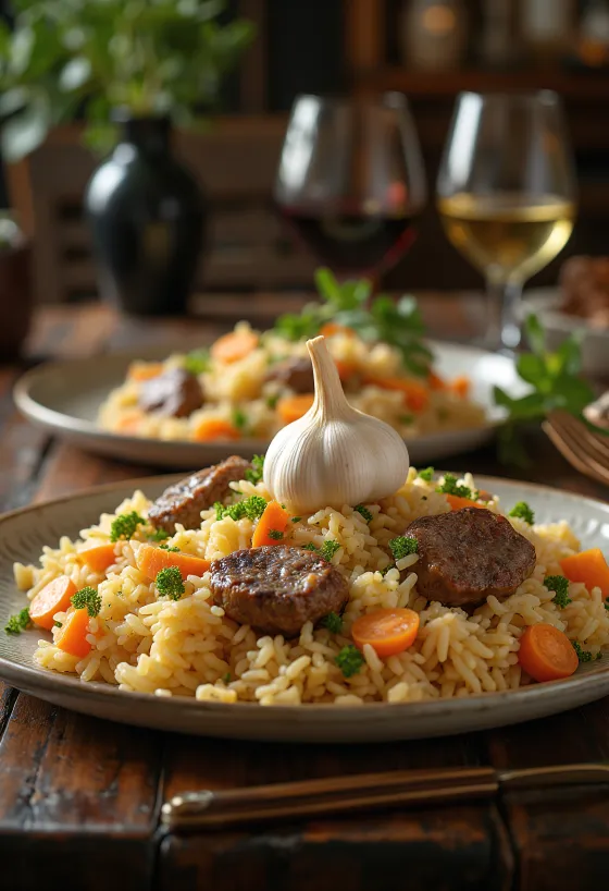 Плов с бараниной, поданный на стол