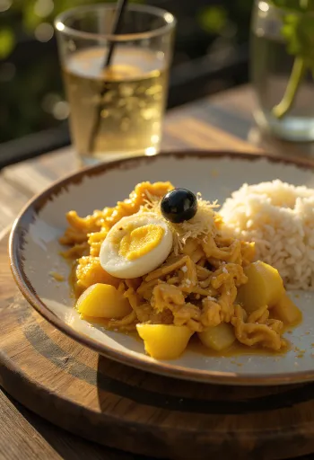 Ахи де Гальина с луком, поданное со свежей яйцом и миндальными лепестками