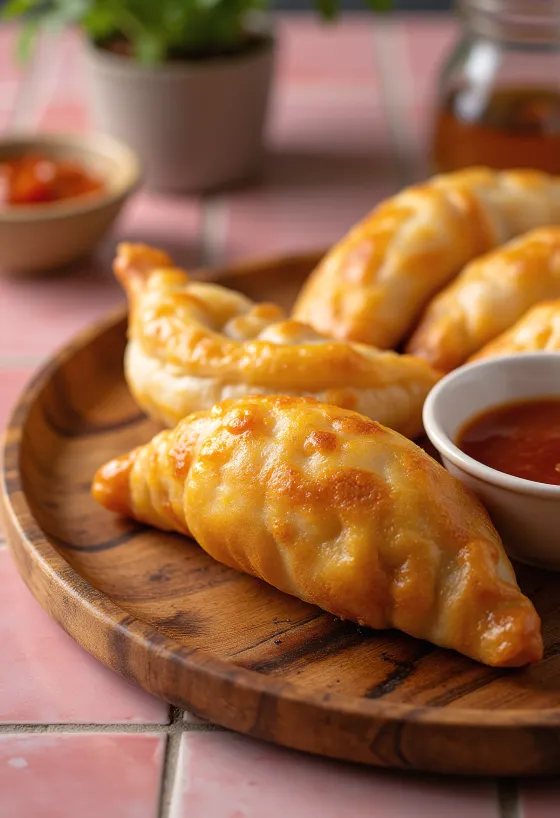 Монгольский жареный пирожок с мясом Хушур при подаче