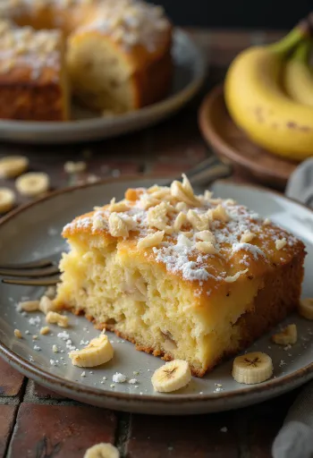 Кокосово-банановый торт, посыпанный сахарной пудрой и украшенный кокосовой стружкой