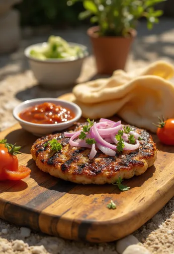 Плескавица, сербская мясная котлета с айваром и жареным картофелем