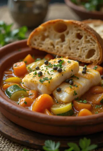 Классический таджин с рыбой, богатыми овощами и свежими специями