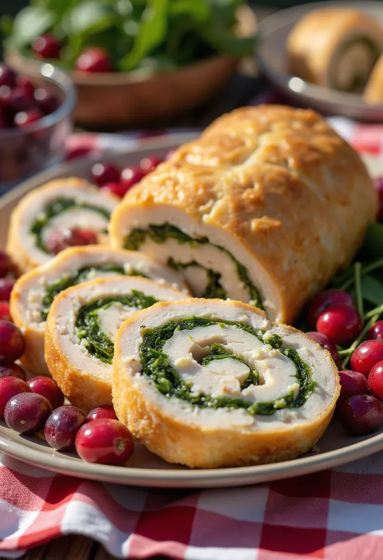 Рулет из индейки с клюквой, поданный с овощами.