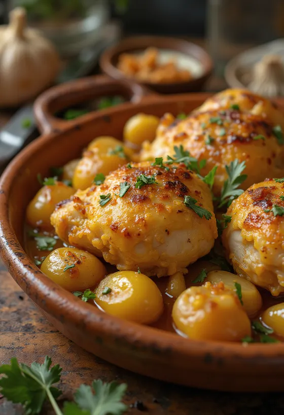 Pollo al Ajillo, испанский чесночный цыпленок с соусом из белого вина