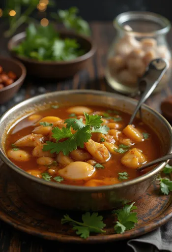 Расам с чесноком, подается со свежей кинзой