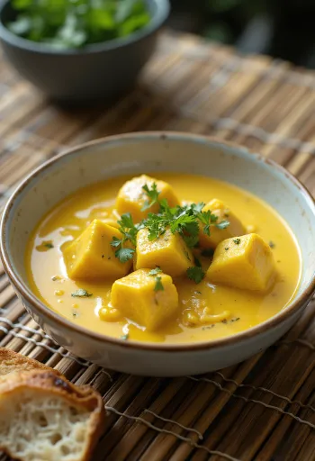 Ка-ри с кокосовым молоком, кремовое карри с курицей, украшенное кинзой