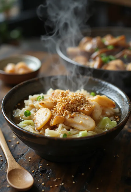 Киританпо набэ с пекинской капустой, поданное с куриным мясом и рисовыми лепешками