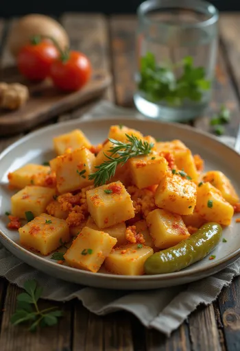 Картофельная лапша с жареным луком и паприкой