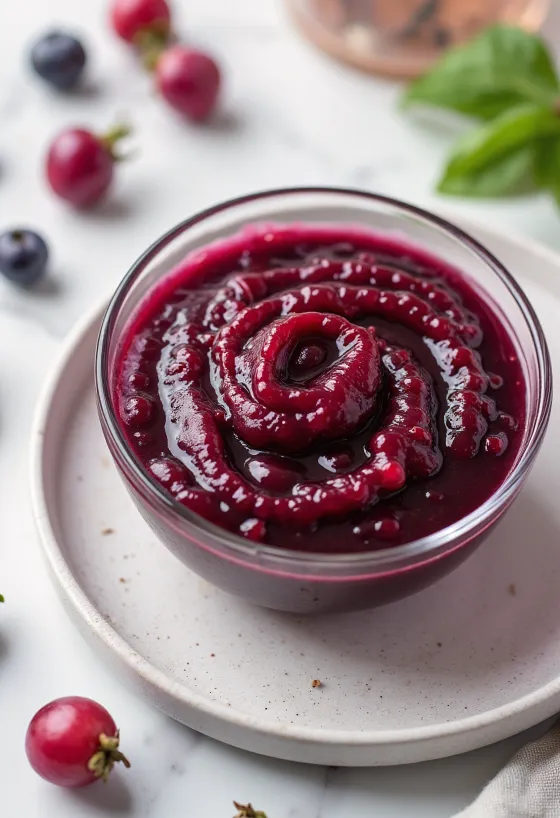 Соус из шиповника с красным вином в миске, украшенный свежим розмарином.