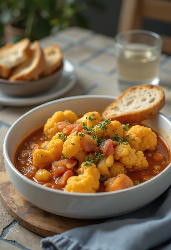 Пряный перкельт из цветной капусты в сочной томатной основе, посыпанный свежей петрушкой.