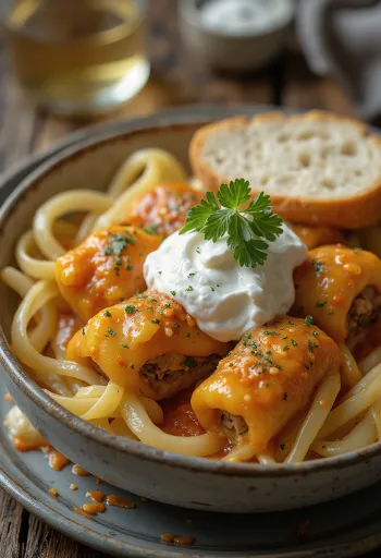 Голубцы, завернутые в листья квашеной капусты, начиненные пряным фаршем и рисом, поданные в томатном соусе