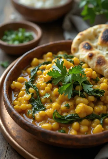 Дал Палак чечевица со шпинатом, подается с кинзой