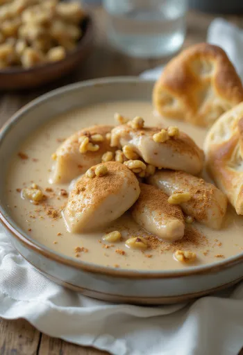 Кусочки курицы в густом ореховом соусе, посыпанные зернами граната