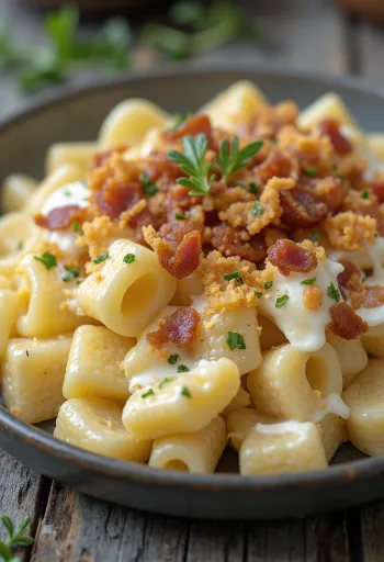 Творожная лапша, посыпанная шкварками, поданная со свежей укропом