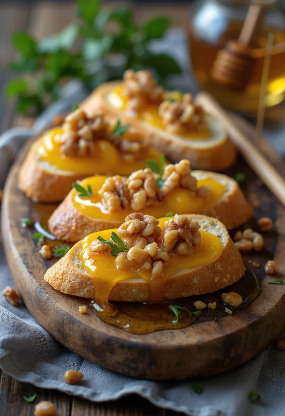 Брускетта с медом и грецкими орехами, украшенная свежим базиликом