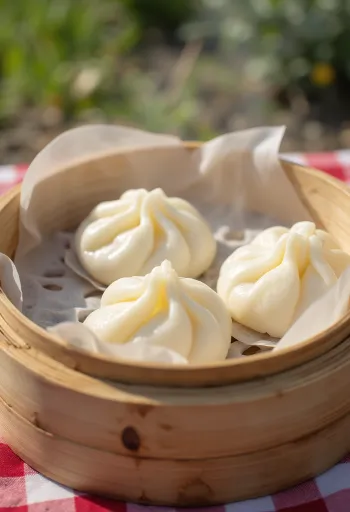 Классические паровые булочки бао на белой тарелке, простая подача