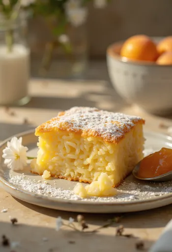 Рисовое суфле, запеченное до золотистого цвета, посыпанное сахарной пудрой и поданное с фруктовым джемом