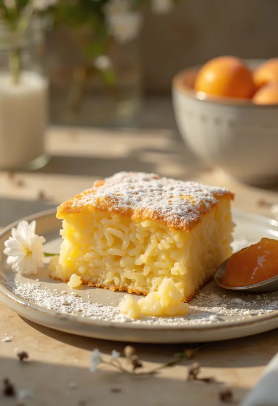 Рисовое суфле, запеченное до золотистого цвета, посыпанное сахарной пудрой и поданное с фруктовым джемом