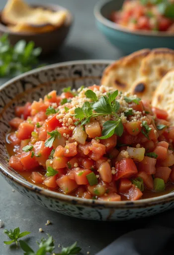 Салат Эзме с петрушкой, поданный со свежими помидорами и перцем