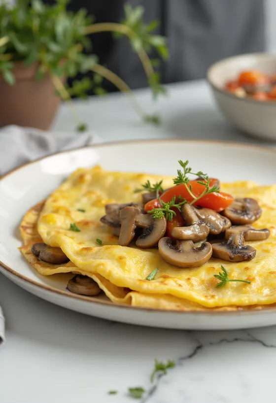 Грибной омлет с перцем, подается вкусный золотисто-коричневый омлет