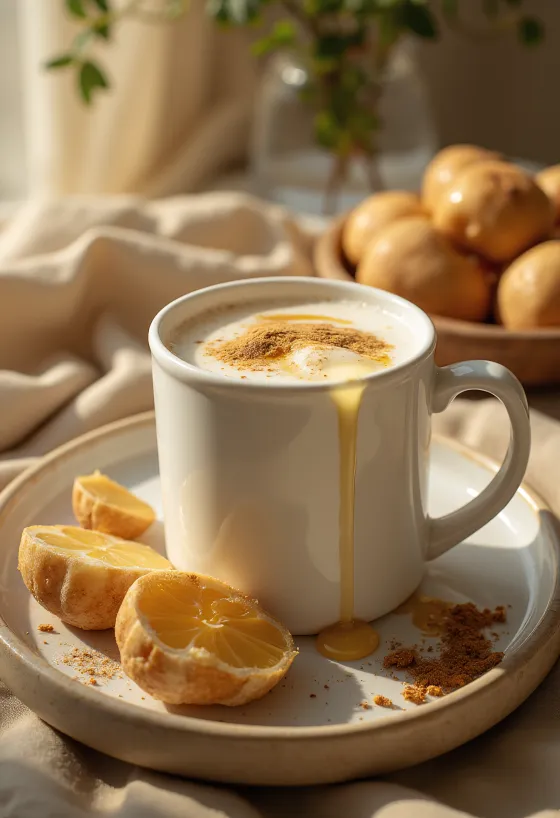 Молоко с медом в кружке, украшенное корицей