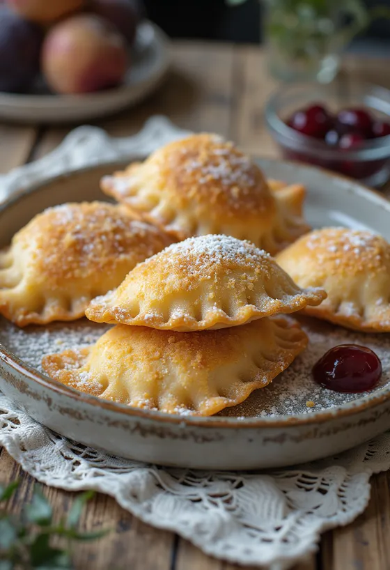 Свежесваренные дерейе со сливовым вареньем, посыпанные поджаренными сухарями.