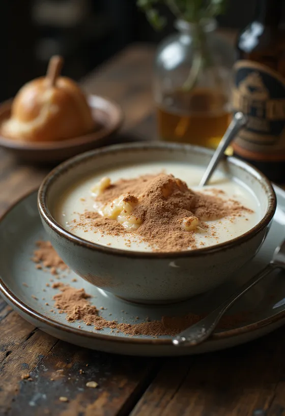 Кремовая манная каша, посыпанная какао, поданная со свежими фруктами